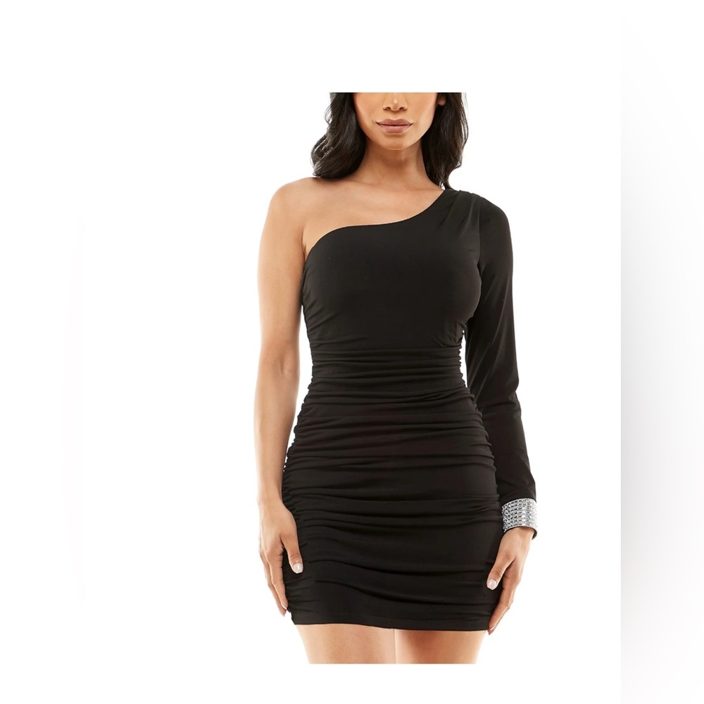 City Studio Black One-Shoulder Dress with Silver Accent